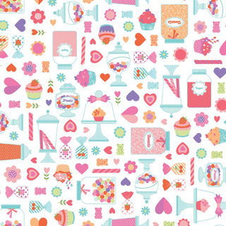 Kimbebell Sweet Shoppe White Candy Jars Print 1102M-W Per Mtr