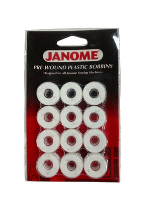 Janome Bobbins Pre-Wound X 12 White Embroidery Bobbin Thread
