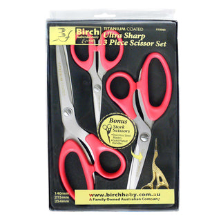 Birch Titanium Coated Scissor Set 3pk with Bonus Stork Embroidery Scissors 