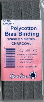 Hemline Bias Binding 12mm Charcoal x 5m